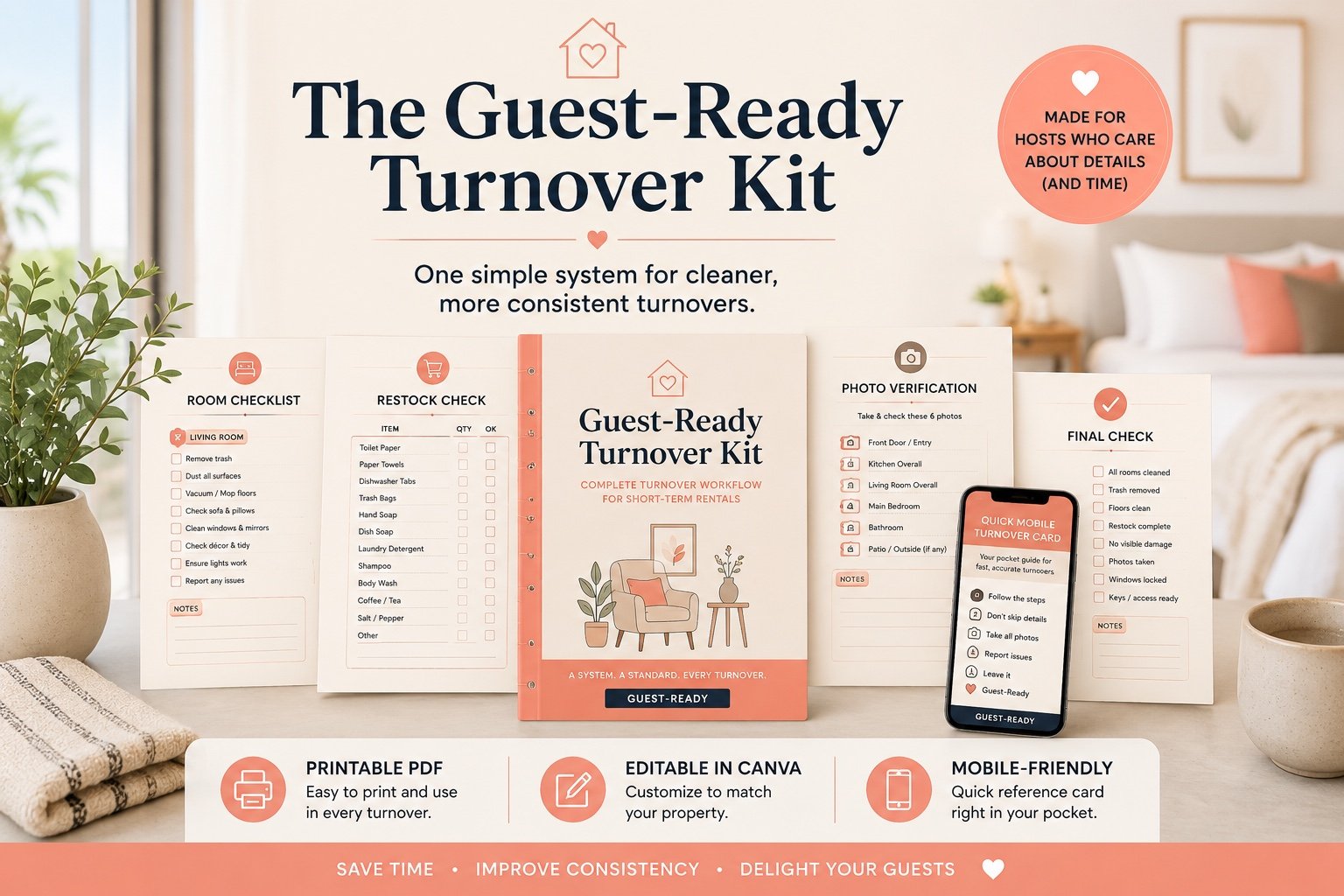 Guest-Ready Turnover Kit with room, restock, photo verification and final check pages